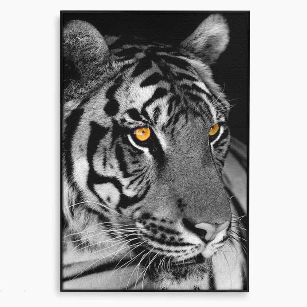 Tablou canvas cu tablou canvas cu tigru alb-negru, in rama de aluminiu negru